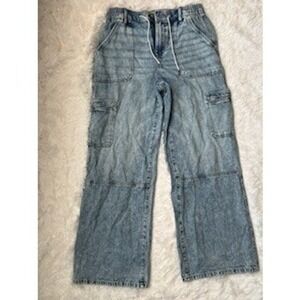 SO Jeans Wide Leg Cargo Jogger Pants Light Wash Distressed Size M